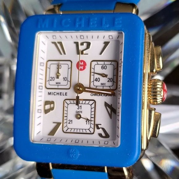 🤩SOLD🤩 Michele Watch Chronograph Park Gold & Blue Silicone 35mm Swiss Made - Picture 8 of 8